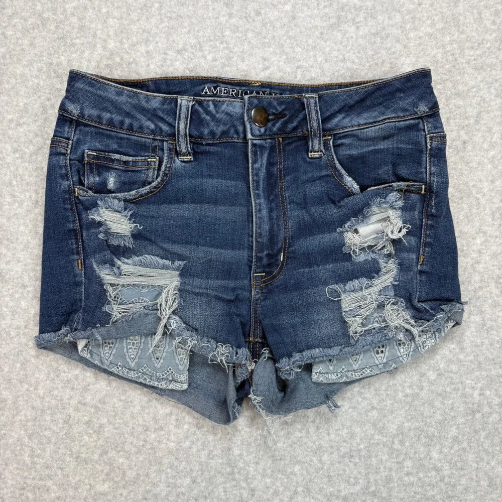 American Eagle Jeans Shorts Womens 8 Blue Dark Wash Super Stretch Distressed - Picture 2 of 8